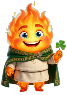 Aiden, CertFuel's AI study tutor, drawn as a friendly orange flame with bright blue eyes, wearing a green Irish cloak with Celtic knotwork and holding a shamrock